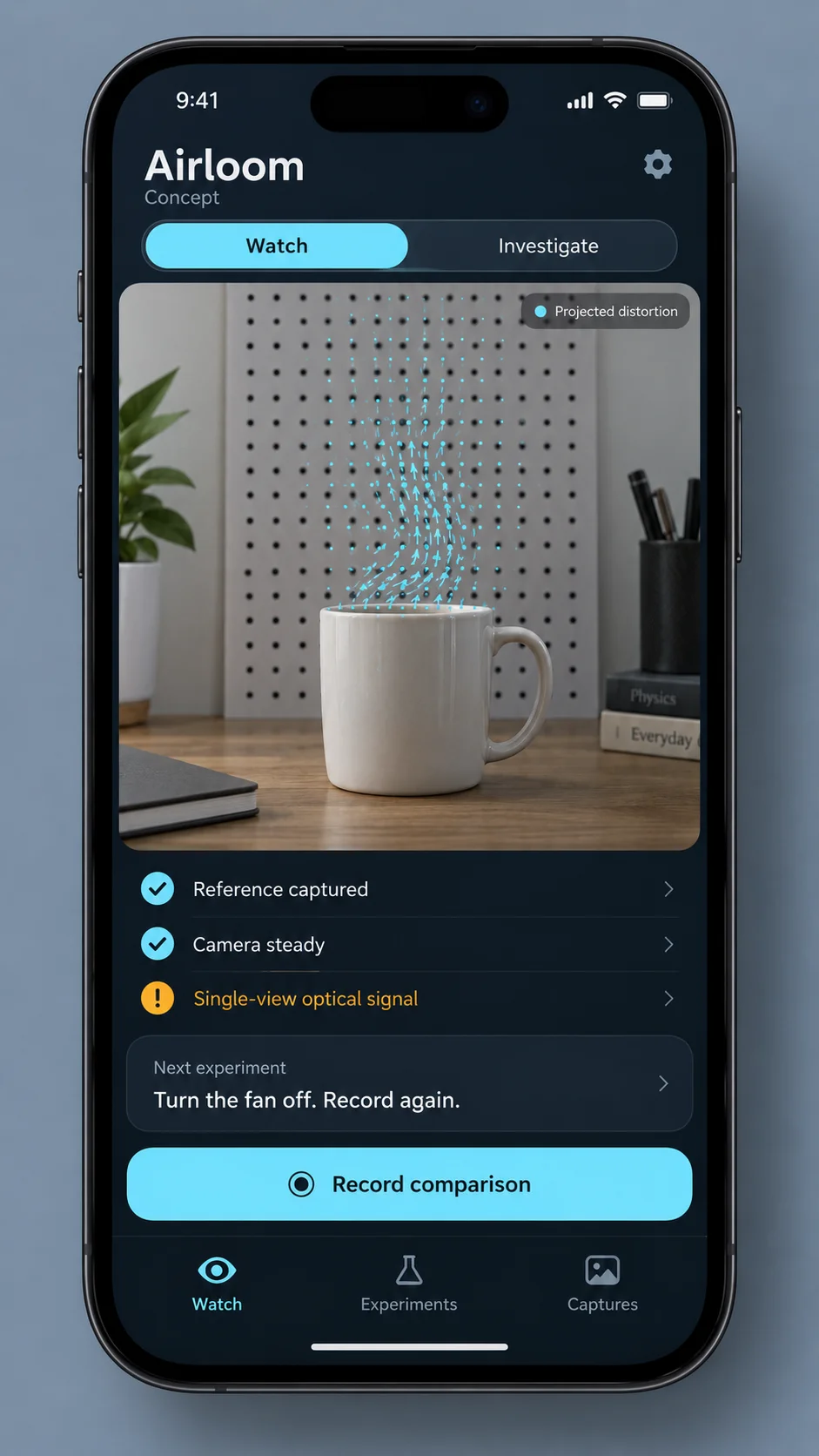 Airloom concept mockup comparing optical distortions above a mug against a printed-dot background.
