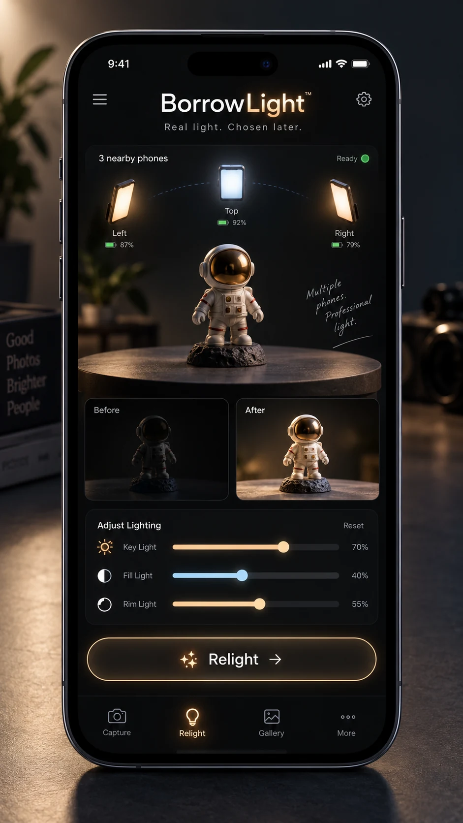 BorrowLight concept mockup adjusting three photographed lighting contributions.