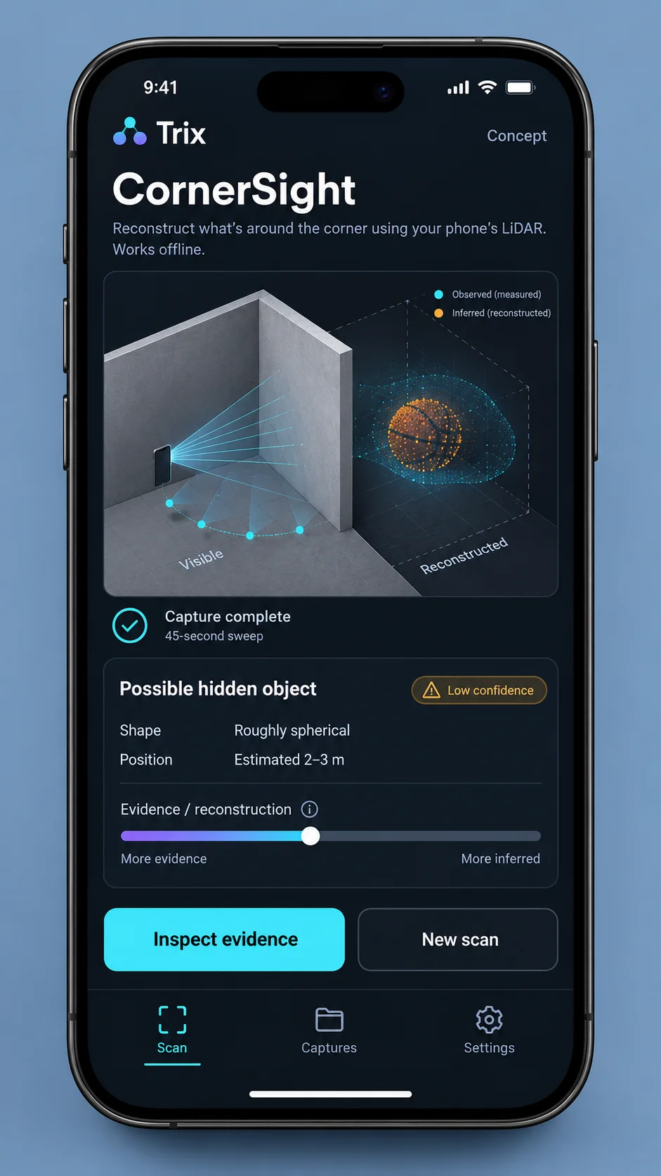 CornerSight concept mockup using an iPhone sweep to estimate an object hidden behind a wall.