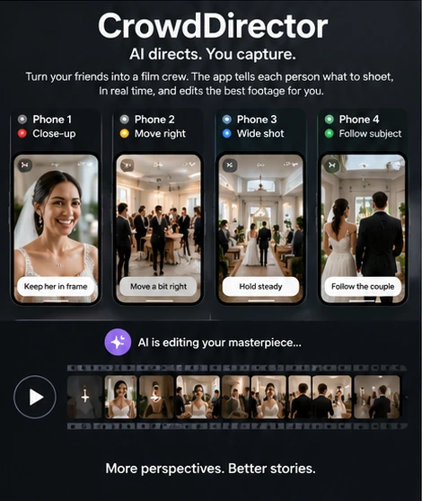 CrowdDirector concept mockup assigning different camera roles to a crew.