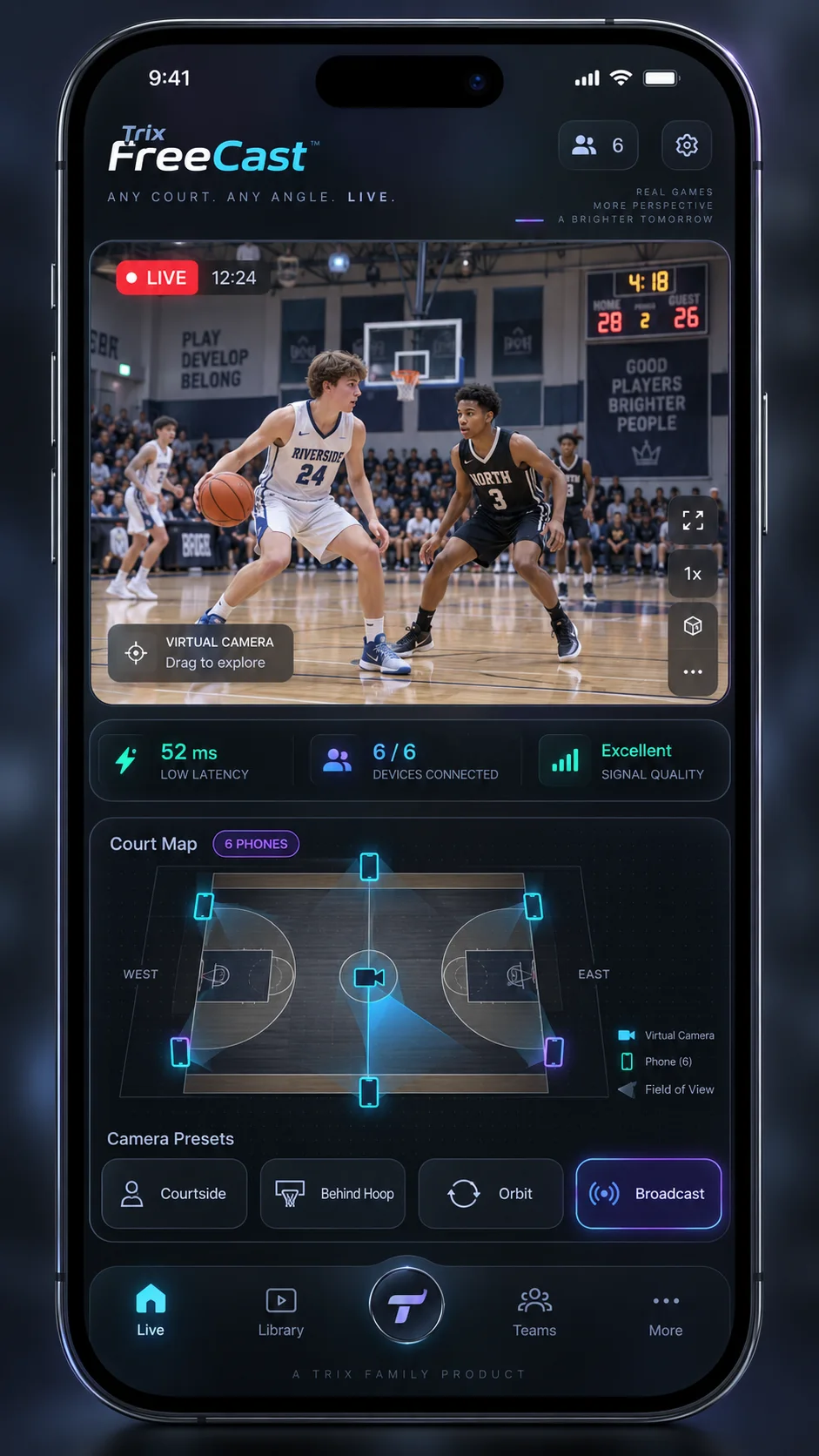 FreeCast concept mockup showing phones broadcasting a live scene for a movable virtual camera.