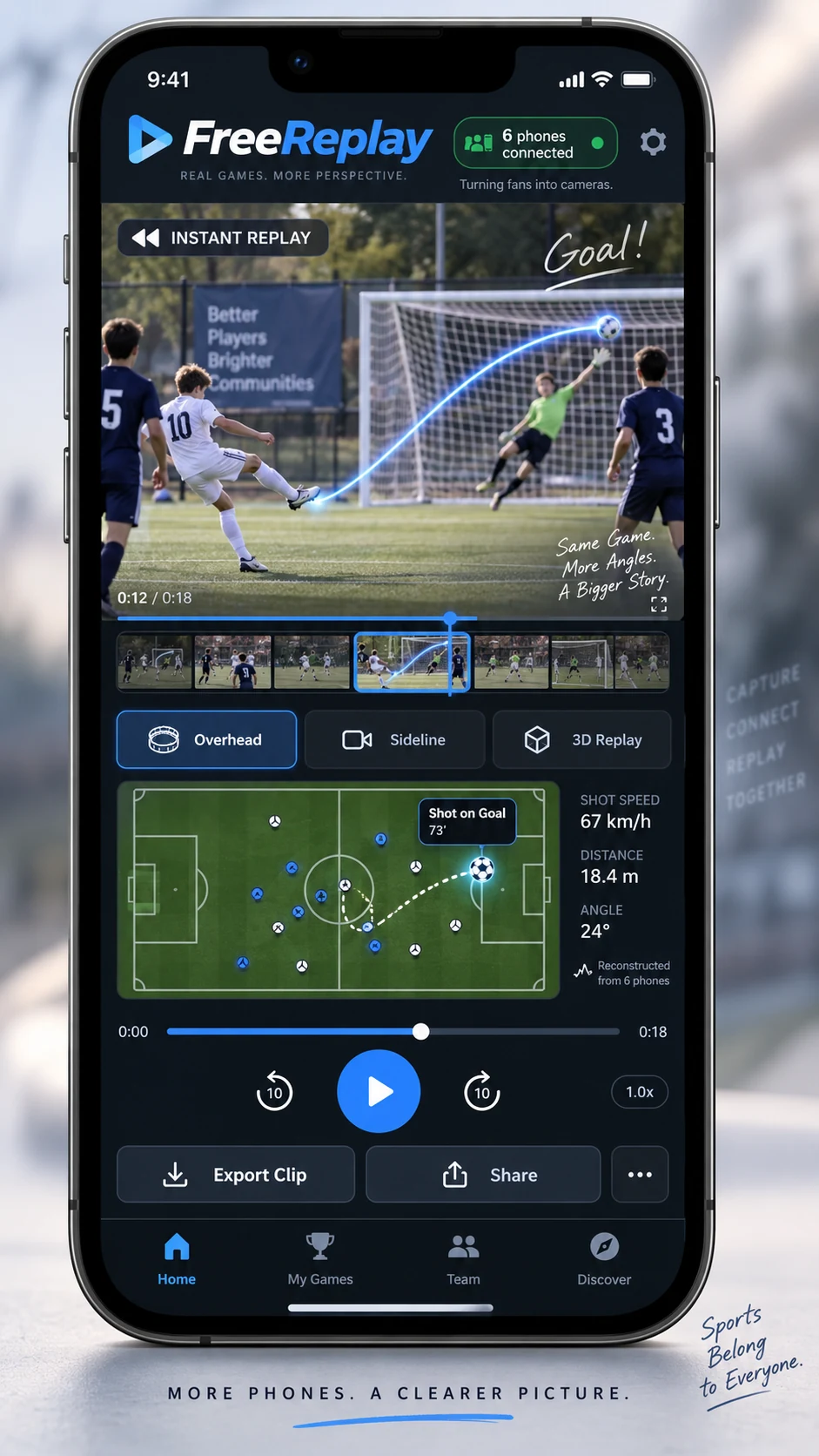 FreeReplay concept mockup of a shared sports replay from sideline cameras.