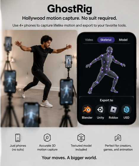 GhostRig concept mockup of a full-body motion capture skeleton from phones.