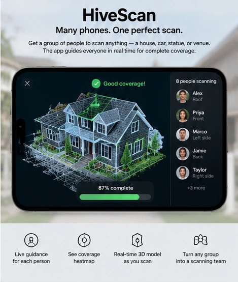 HiveScan concept mockup showing phones contributing to a shared spatial scan.