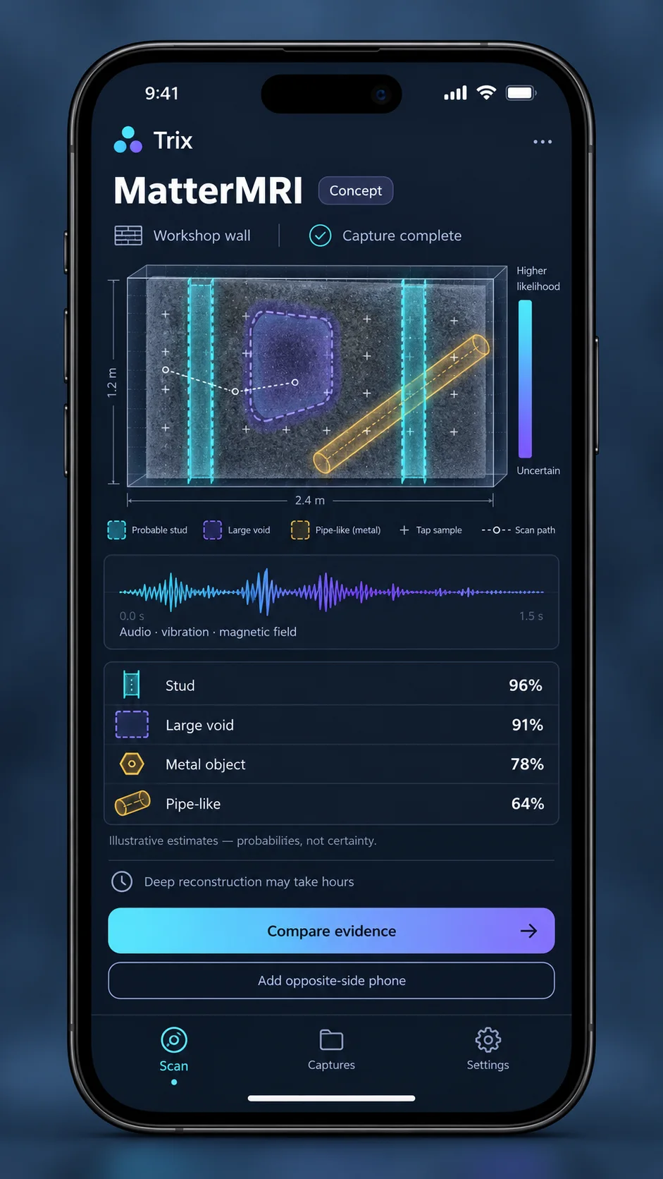 MatterMRI concept mockup combining phone sound and motion measurements to estimate structure inside a wall.