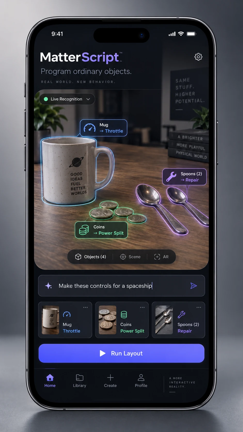 MatterScript concept mockup turning household objects into game controls.