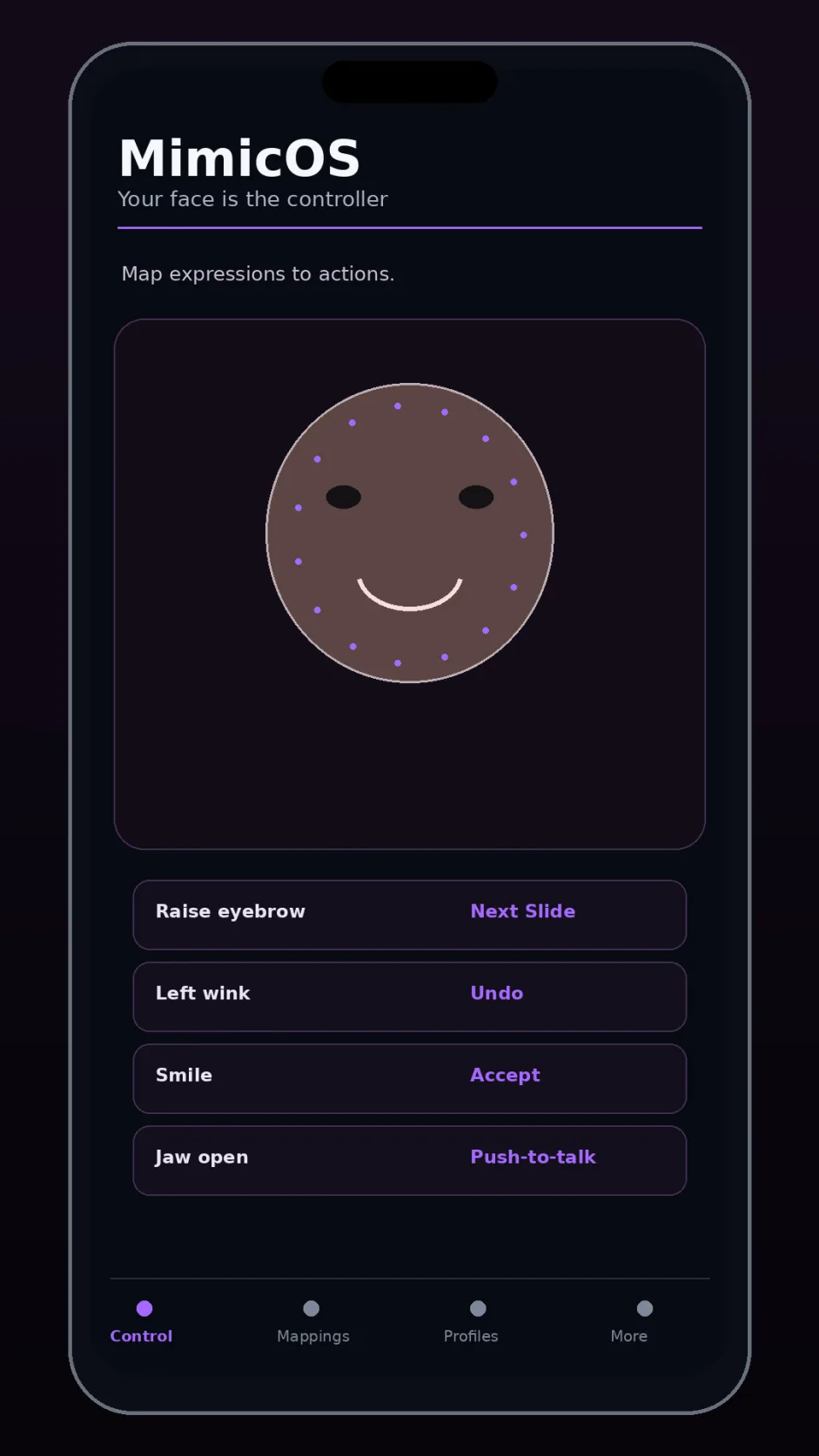 MimicOS concept mockup mapping deliberate facial expressions to phone controls.