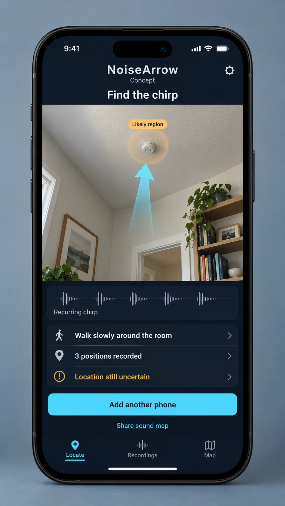 NoiseArrow concept mockup pointing toward a possible ceiling chirp source with an uncertainty region and an invitation for another phone.