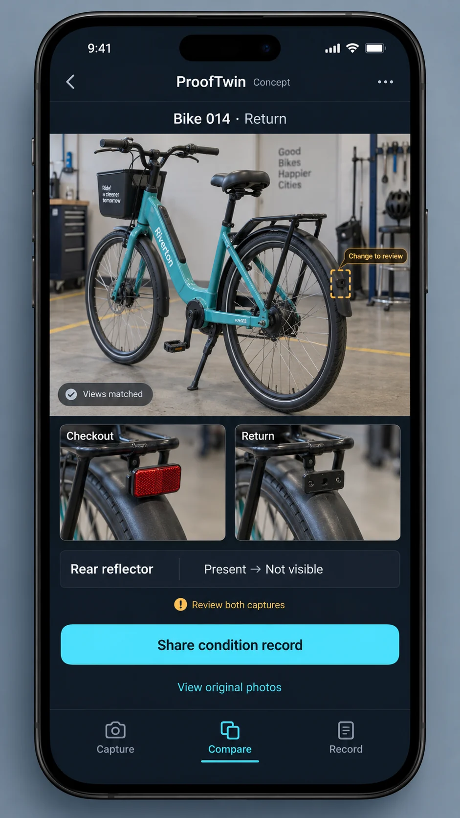 ProofTwin concept mockup comparing a rental bicycle’s checkout and return photos, with a rear reflector marked for review.