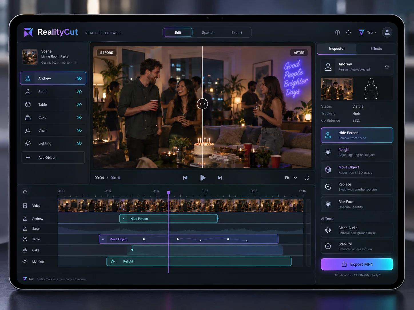 RealityCut concept mockup showing an editable reconstructed scene and timeline.