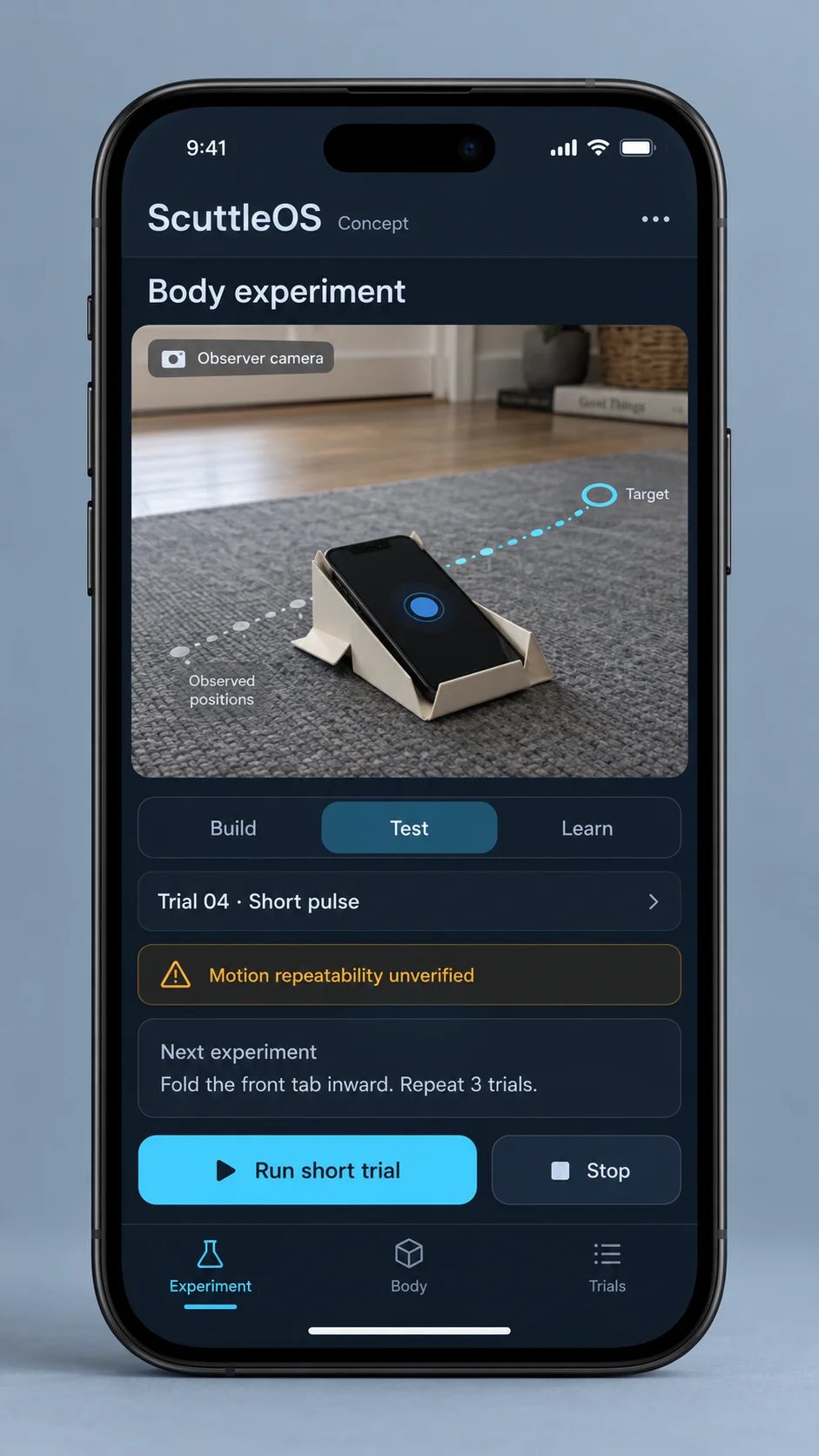 ScuttleOS concept mockup testing short haptic pulses in a passive cardstock cradle observed by another phone.