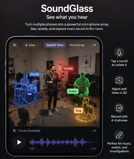 SoundGlass concept mockup showing phones positioned around a musician.