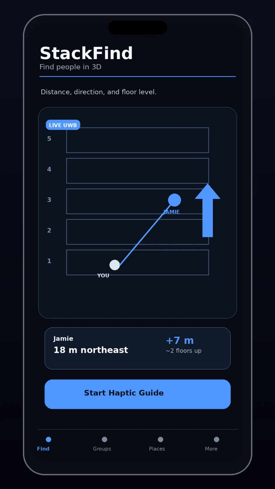 StackFind concept mockup suggesting the direction and floor of a nearby friend.