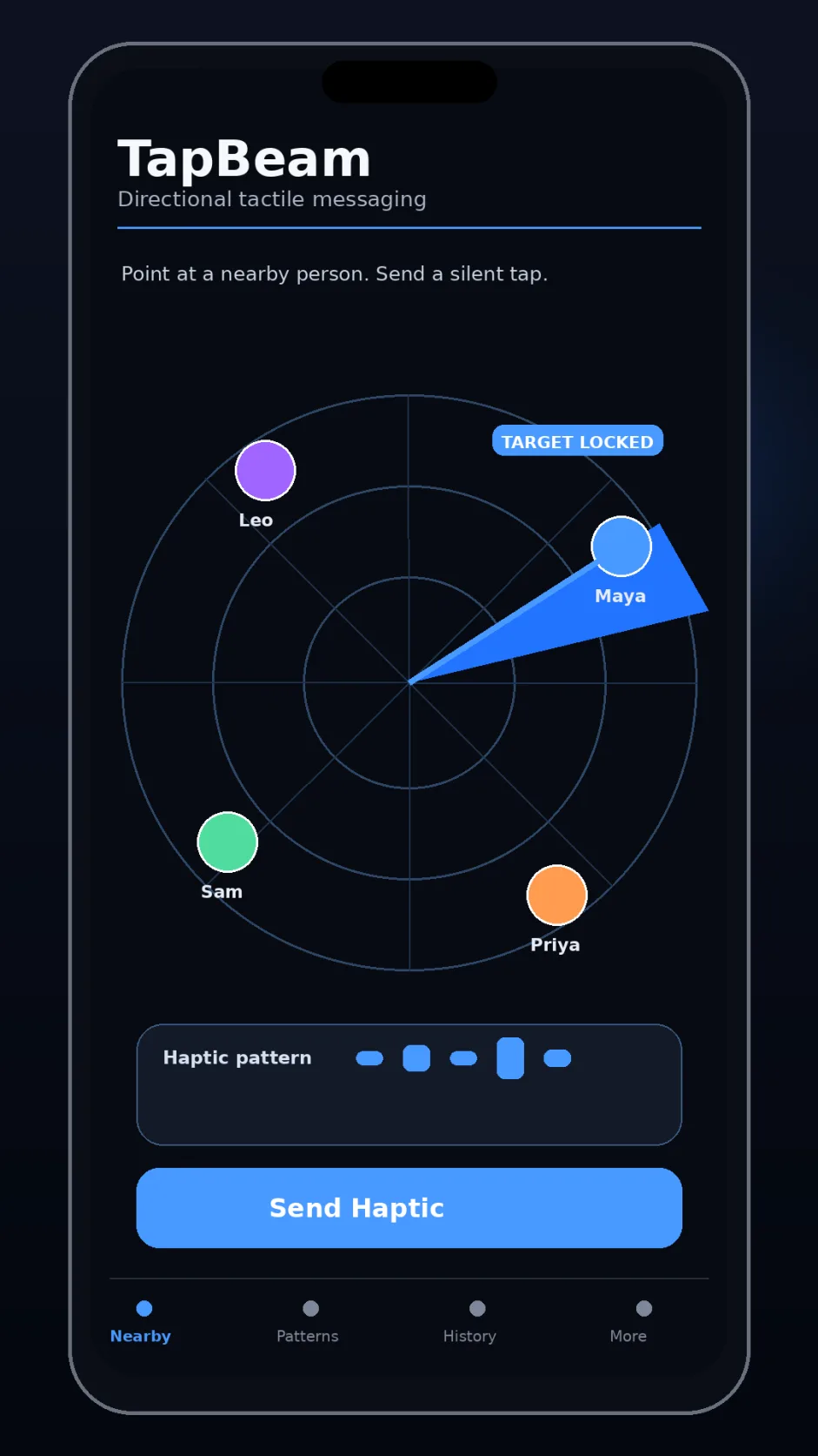TapBeam concept mockup for aiming at a nearby phone to send a silent haptic signal.