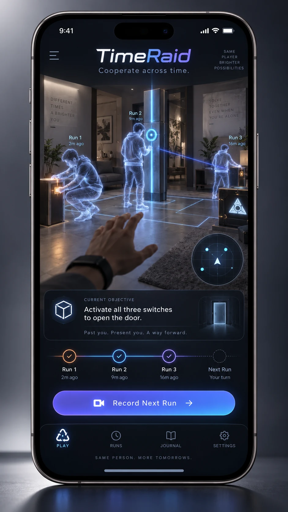 TimeRaid concept mockup showing a recorded past self in a room-scale puzzle.