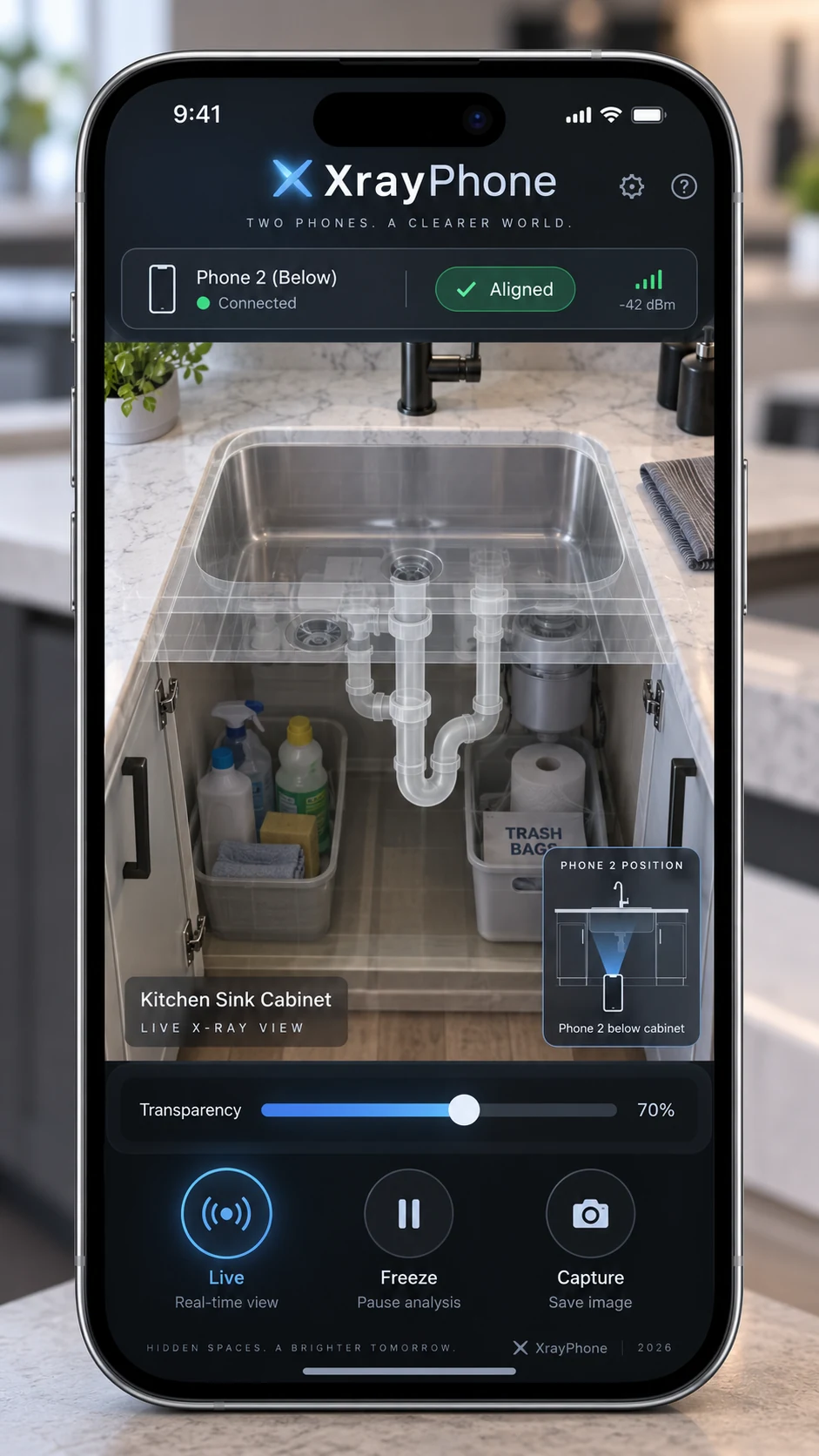 XrayPhone concept mockup showing one phone inspecting beneath a sink.