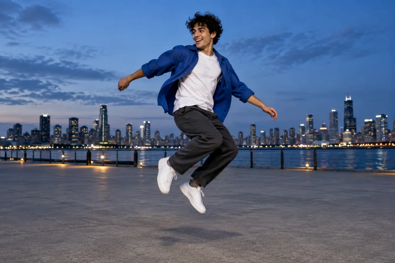 Illustrative concept image of a person held mid-jump above the waterfront.